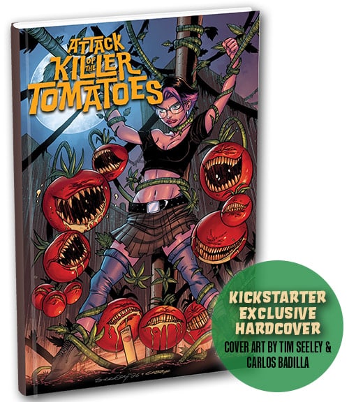 Attack of the Killer Tomatoes Graphic Novel exclusive Kickstart cover depicting killer tomatoes surrounding a woman in glasses that is tied up