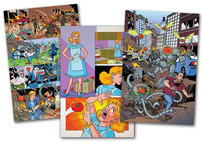 Attack of the Killer Tomatoes Graphic Novel - Samples of artwork depicting humans fighting tomatoes in various forms including mecha-tomatoes