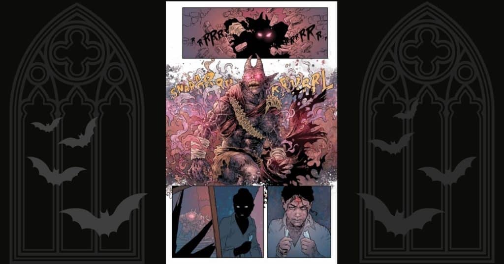 Page from a detailed page of the graphic novel depicting a monster. Page is set over a black background with gray bats and Cathedral windows on either side.